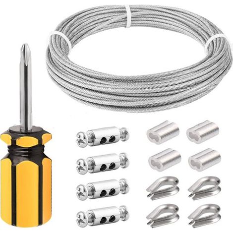 Set di funi in acciaio, 10 m x 3 mm di diametro, clip di fissaggio, per giardini esterni, tenditori M4, stendibiancheria in metallo per esterni, per corde da tenda, illuminazione esterna (1/5)