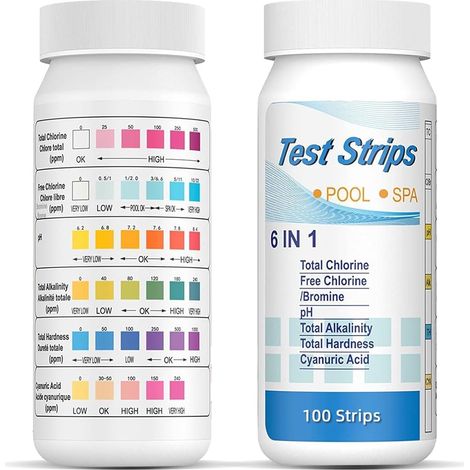 100 Pièces 6 en 1 Bandelette Piscine Test Piscine pour Piscine et Spa D'eau Test Durete D'eau pour Tester Chlore Libre, L'alcalinité Totale et pH (1/5)