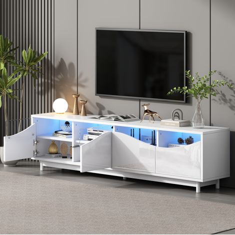 Meuble TV blanc brillant 175 x 38 x 51 cm avec LED, porte en verre trempé, commande Bluetooth HAVRYA (1/5)
