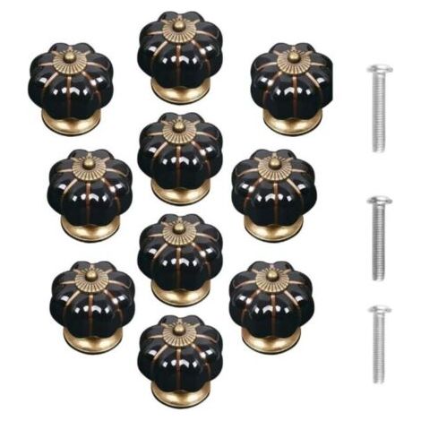 Set di 10 pomelli per porte vintage in ceramica a forma di zucca, neri (1/4)
