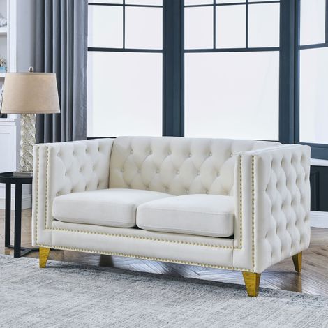 Canapé Droit 2 Places avec Dossier Capitonné, Accoudoirs Carrés, Assise à Ressorts, Clous Dorés et Pieds Métalliques Dorés, Velours - Beige (1/5)