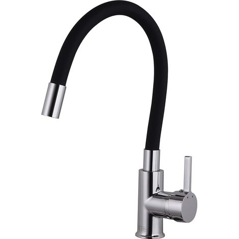 Mitigeur de cuisine pivotant 360°, robinet d'évier orientable à levier unique, flexible silicone inclus, finition chromée noire, accessoires fournis. (1/5)