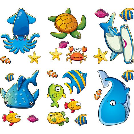 Set mit 6 rutschfesten Badewannenaufklebern mit maritimen Cartoon-Motiven zum Schutz von Kindern vor Ausrutschen. (1/5)