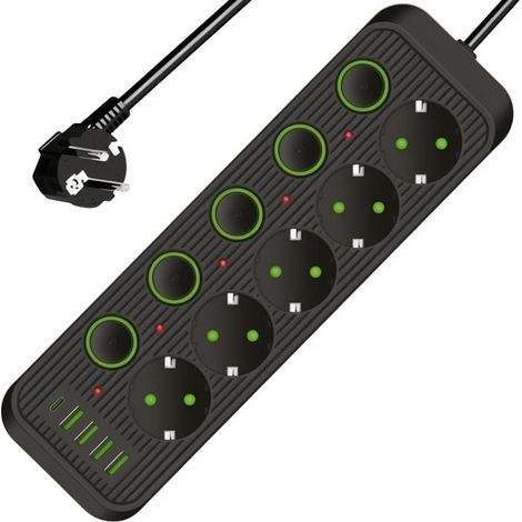 (Noir)Multiprise Électrique 2500W, Prise Électrique avec 5 Interrupteur Individuel, 5 Prises, 4 USB, 1 Type-C, Câble de 2m (1/5)