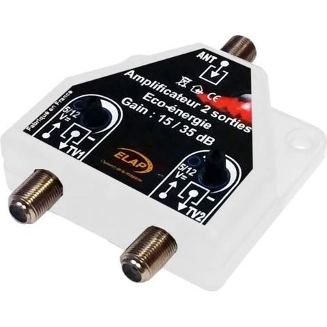 Amplificateur Répartiteur 2 TV TNT UHF Elap 341055 - 37dB Auto alimenté Intérieur 2 Sorties TV À Gain Réglable 20 À 40 dB Blanc