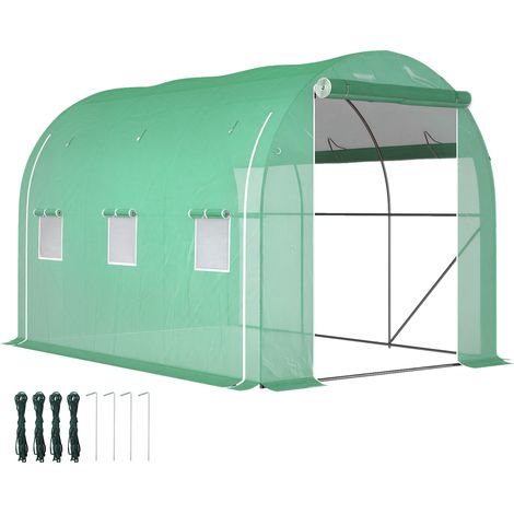 Outsunny invernadero de túnel 296x196x200 cm con 3 puertas enrollables 6 ventanas estructura de acero galvanizado para cultivos plantas flores verde (1/5)