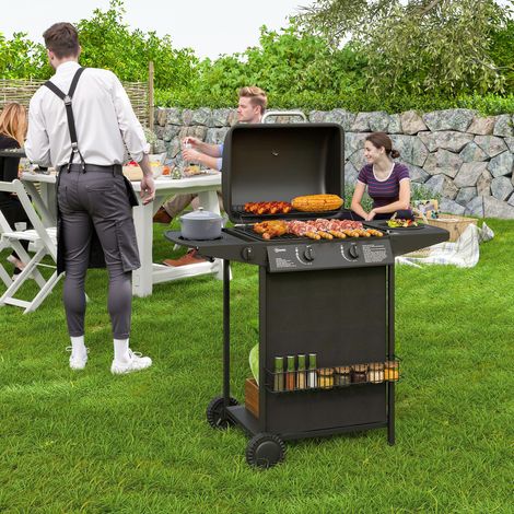 Gasgrill mit 3 unabhängigen Brennern und Deckel mit Thermometer, 108 x 54 x 97 cm, Schwarz