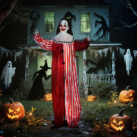Clown d'Halloween de 165 cm avec lumières LED, effets sonores et corporels. (1/5)