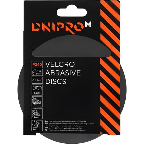 Discos de lija Dnipro-M P240, 125 mm, 8 agujeros, para lijadora excéntrica, paquete de 5 unidades (1/2)