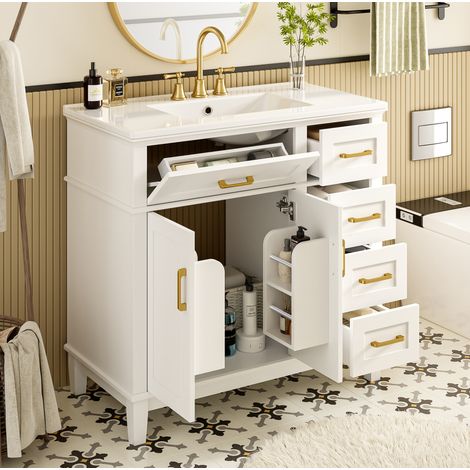 Mueble de baño con lavabo cerámico integrado 91 x 46,5 x 86,4 cm blanco HAVRYA (1/5)