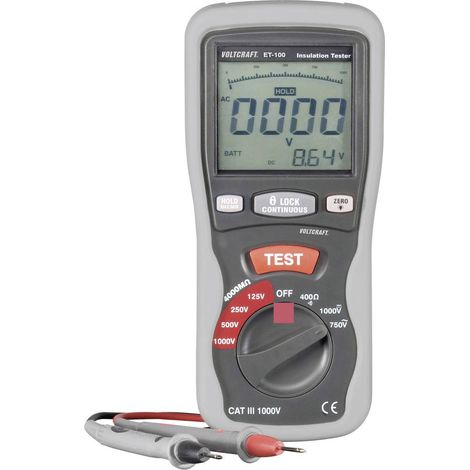Voltcraft – Appareil de mesure d'isolation ET100 – Tensions de test 125/250/500/1000 V – Mesure jusqu'à 4000 MΩ – CAT III pour pro