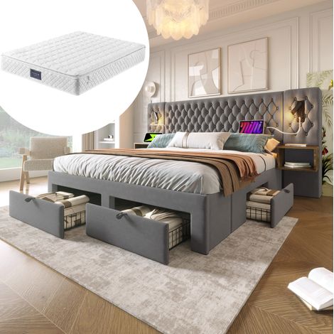 FLORAGRACE Letto matrimoniale 160x200 cm in velluto grigio, con 2 comodini, 4 cassetti, luci lettura, USB e materasso (1/5)