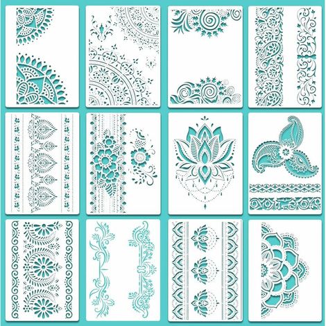 12 Stück große Mandala-Schablonen, wiederverwendbare Mandala-Malvorlagen