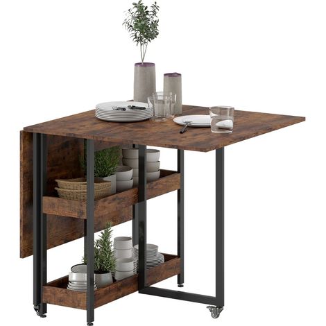 Mesa de comedor plegable de madera marrón para 2-4 personas con 2 estantes y ruedas (1/5)
