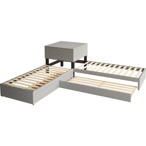 Letto angolare 90 x 200 cm in lino grigio con letto estraibile e contenitore (1/5)