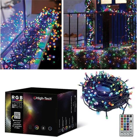 HIGH-TECH FILO RGB CON CATENA DA 500 LUCI LED 50 METRI CON CONTROLLO DA REMOTO MULTICOLORE