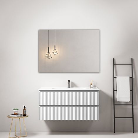 Mobile bagno sospeso cannettato 100 cm Bianco Lavabo in Ceramica Specchio Quadro - Fiji Paint (1/3)
