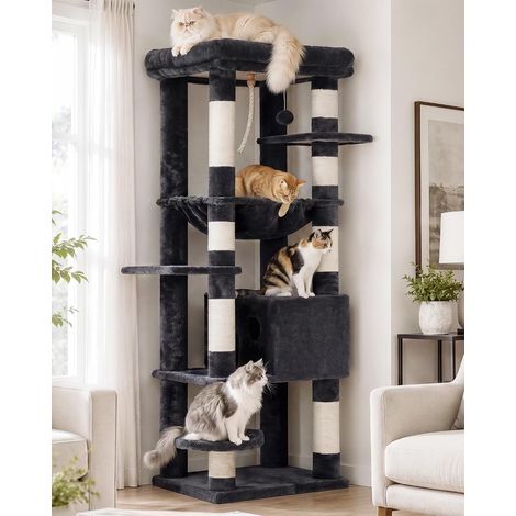 Arbre à Chat pour Gros Chats 20 lbs (9 kg) Résistant, Tour XXL 152 cm pour Chat d'Intérieur, Meuble Multi-Niveaux avec Plateforme en Peluche, Panier Doudou, Condo HCT050G (1/5)