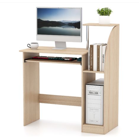 Office Desk Computer Desk with Sliding Keyboard and Storage Natural Color Small Desk Wooden Desks & Workstations for Home Office Bedroom (1/4)