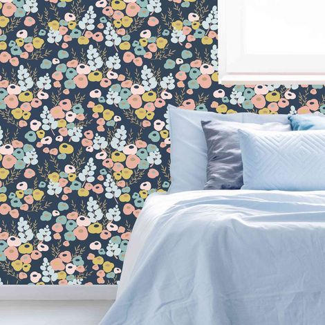 Lily Multicolore Wallpaper Floral Flowers Navy Blue Pink Peach Yellow Gold (1/5)