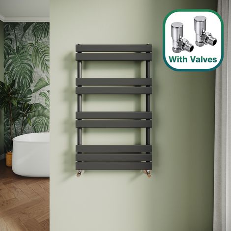 ELEGANT Modern Central Heating Towel Radiator Bathroom Flat Panel Heated Towel Rail 1000x600mm Black + Angled Radiator Valves