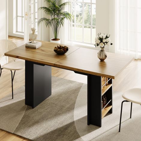 Table à manger extensible 120-160 × 80 × 75 cm imitation bois avec étagères latérales, table modulable avec plateau d’extension intégré pour salle à manger et bureau (1/5)