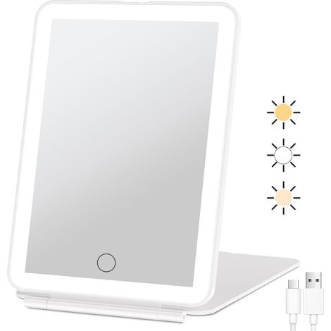 Zusammenklappbarer, wiederaufladbarer Schminkspiegel mit LED-Beleuchtung, tragbarer, beleuchteter Kosmetikspiegel, dreifarbige Beleuchtung, dimmbarer Touchscreen (1/4)