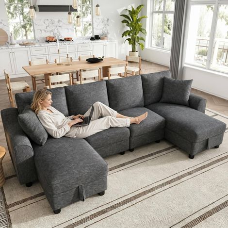 Sofá modular esquinero 4 plazas con almacenaje, tapizado en chenilla, color gris