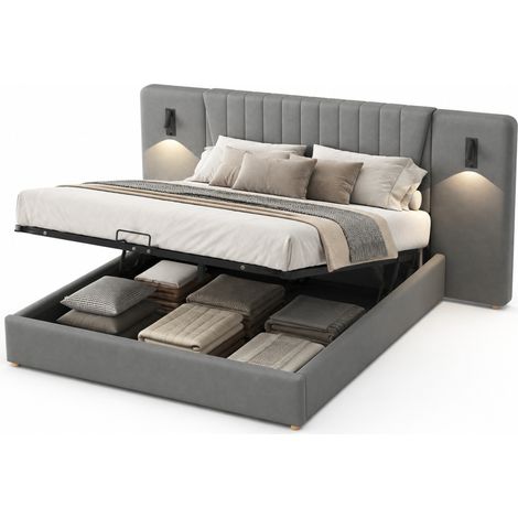 Lit rembourré 180 x 200 cm avec grande tête de lit, lampes de lecture orientables 180°, ports USB et coffre hydraulique, gris velours, pour chambre adulte – CHICFURN (1/5)