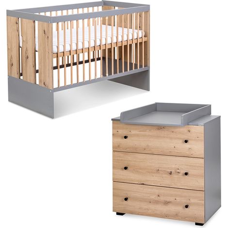 Monmobilierdesign – Ensemble commode à langer et lit bébé 120x60 cm – Bois de pin et MDF – 3 hauteurs réglables – 3 tiroirs avec rails coulissants