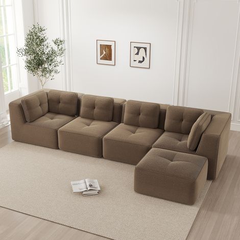 Canapé quatre places modulaire sans cadre  marron.  coussins moelleux velours côtelé. Design antidérapant sans installation (1/5)