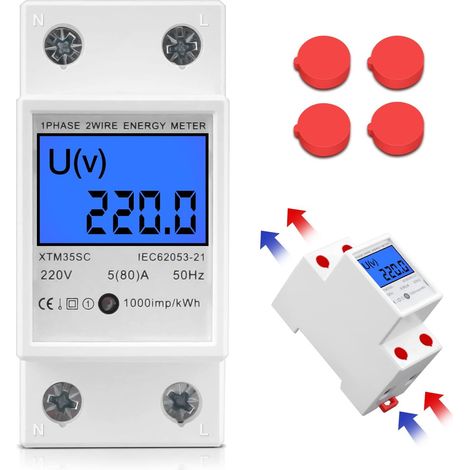 Compteur kWh monophasé 2 pôles Aicharynic 5(80)A, installation sur rail DIN, équipé d’un écran LCD pour le comptage du courant alternatif (1/5)
