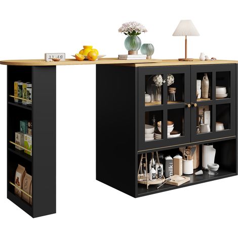 Bar de cuisine pivotant à 360 degrés, meuble bar noir en MDF, table haute extensible de 138 à 204 cm avec rangements (1/5)
