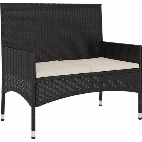 Un banc de jardin double rembourré en résine de rotin noir. (1/5)