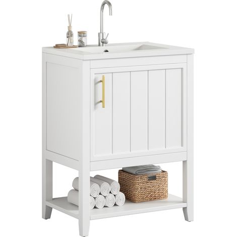 Meuble sous vasque 60 cm avec vasque en céramique, rangement intégré, pose au sol, blanc, en MDF, facile à installer - CHICFURN (1/5)