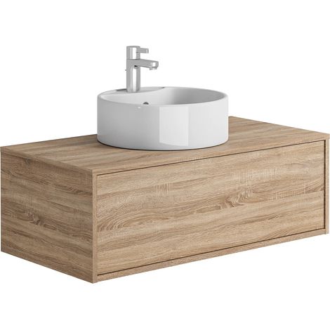 Meuble de salle de bain suspendu coloris naturel clair avec simple vasque ronde - 94 cm - TEANA II (1/5)