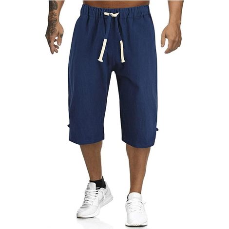 Pantalon en lin pour homme, uni, léger, coupe 7/8 avec poches, cordon de serrage, pantalon de running, coton et lin, pantalon décontracté, tissu extensible, taille élastique, pantalon d'été, coupe rég (1/5)