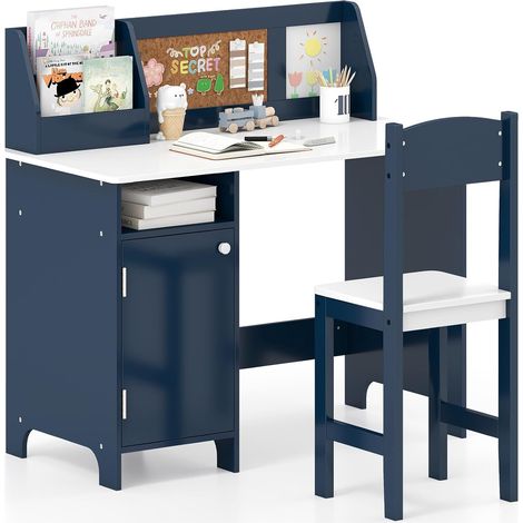 Costway – Bureau enfant 90x45x86cm en MDF et bois de pin – Chaise ergonomique avec dossier incurvé – Tableau d'affichage en liège – Charge max 90kg