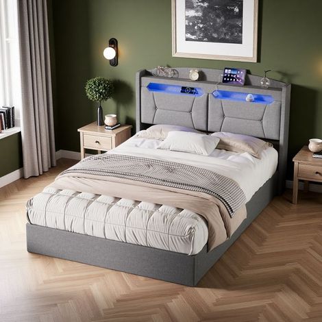 Bett mit Stauraum 140x190 cm mit LED, Bett 140x190 cm, Bett für 2 Personen, Lattenrost und Bettkasten, Doppelbett 140x190 cm, Bettgestell, Grau