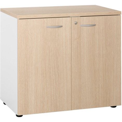 Armoire basse hauteur bureau portes battantes H 75,5 x L 80 x P 45 cm Practica - portes chêne clair - Maxiburo