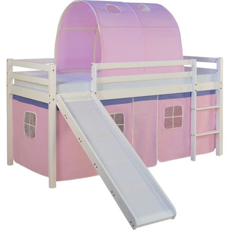 Cama alta infantil con somier tobogán túnel y cortina modelo rosa 90x200 cm LIT06187 (1/5)