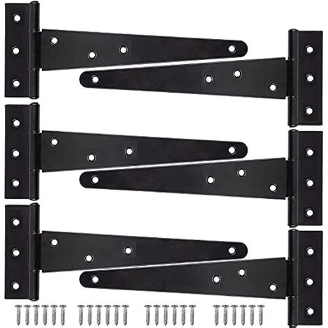 6 pièces charnière en T, 25 cm en fer lourd, charnières de portail de jardin, charnières T antirouille pour porte de cabanon et grange - avec 42 vis (Noir)