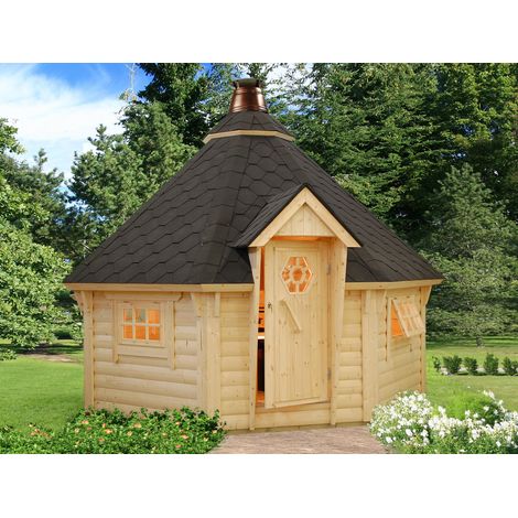 Abri de jardin en épicéa massif 11,4 m² – Kota grill finlandais octogonal – Toiture en panneaux préfabriqués – 3 fenêtres ouvrantes – Palmako