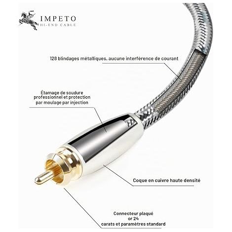 Impeto Câble RCA Subwoofer pour Caisson de basses, Cable Coaxial Numérique, 6N OFC TV S/PDIF - Connecteurs plaqués - Câble Rca pour CD, Amplificateur, Chaîne Hi-Fi - 1m (1/4)