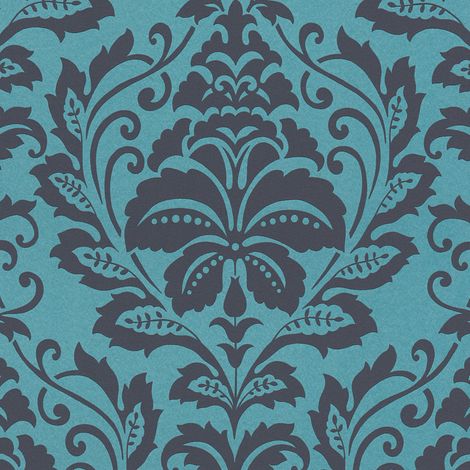 Textured Vinyl Wallpaper Blue Black Baroque Damask Metallic Vinyl Non Woven