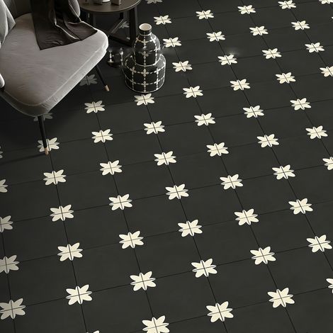 JSSEVN - Pack of 10 peel and stick waterproof vinyl floor tile sheets for bathroom, kitchen, flat and smooth surfaces (black flower) (1/4)