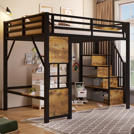 Letto a soppalco 140x200 cm, con scala contenitore, spazio aperto sottostante, in metallo e MDF, nero (1/5)