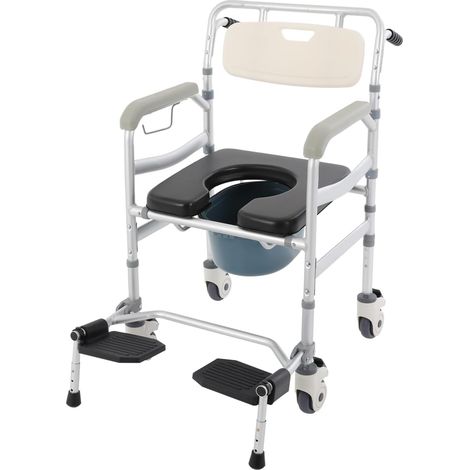 Fauteuil roulant de douche avec 4 roues verrouillables, chaise de douche, repose-pieds, hauteur réglable sur 3 niveaux, housse de siège de toilette amovible, capacité de 172 kg, chaise percée (1/5)