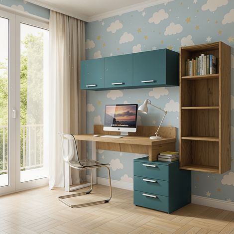 Angolo libreria design con cubotti e cassettiera - Soluzione moderna e salvaspazio - Quercia e verde petrolio (1/5)