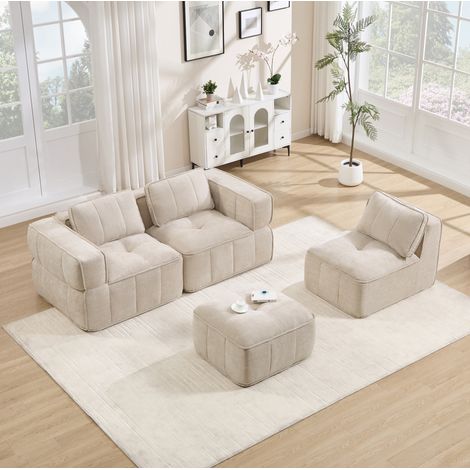 Divano angolare modulare 3 posti con 1 pouf, 271 x 162 x 67 cm, tessuto poliestere beige DESVIAE (1/5)